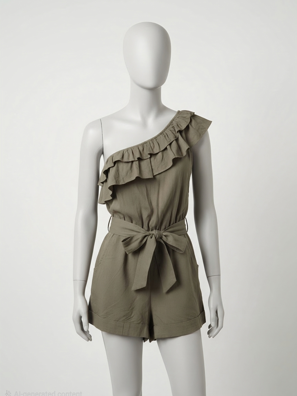 Olive One-Shoulder Ruffled Tie-Waist Romper